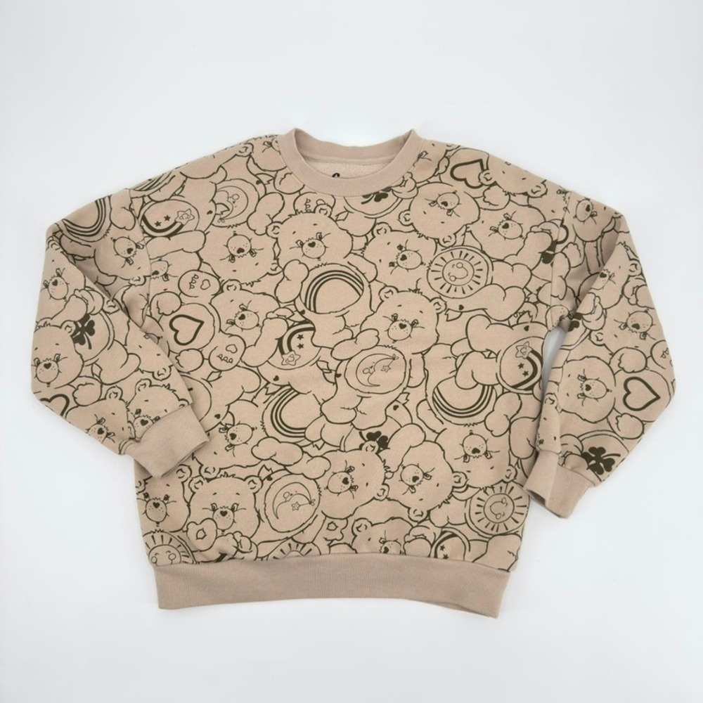 Care Bears Kids Tan All Over Print Pullover Sweatshirt Fleece Hybrid Size 11/12